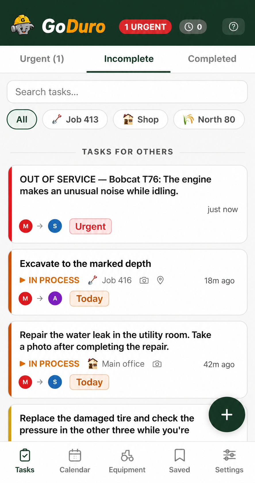 The GoDuro task list showing urgent, in-process and completed work