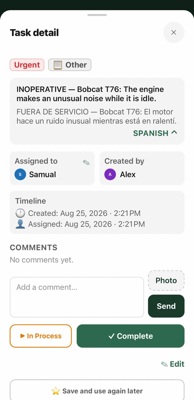 An urgent equipment task shown in both English and Spanish