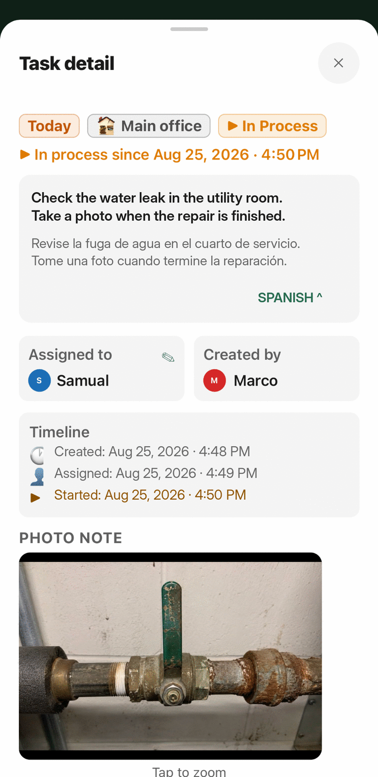 A task with a photo, a location and its full timeline