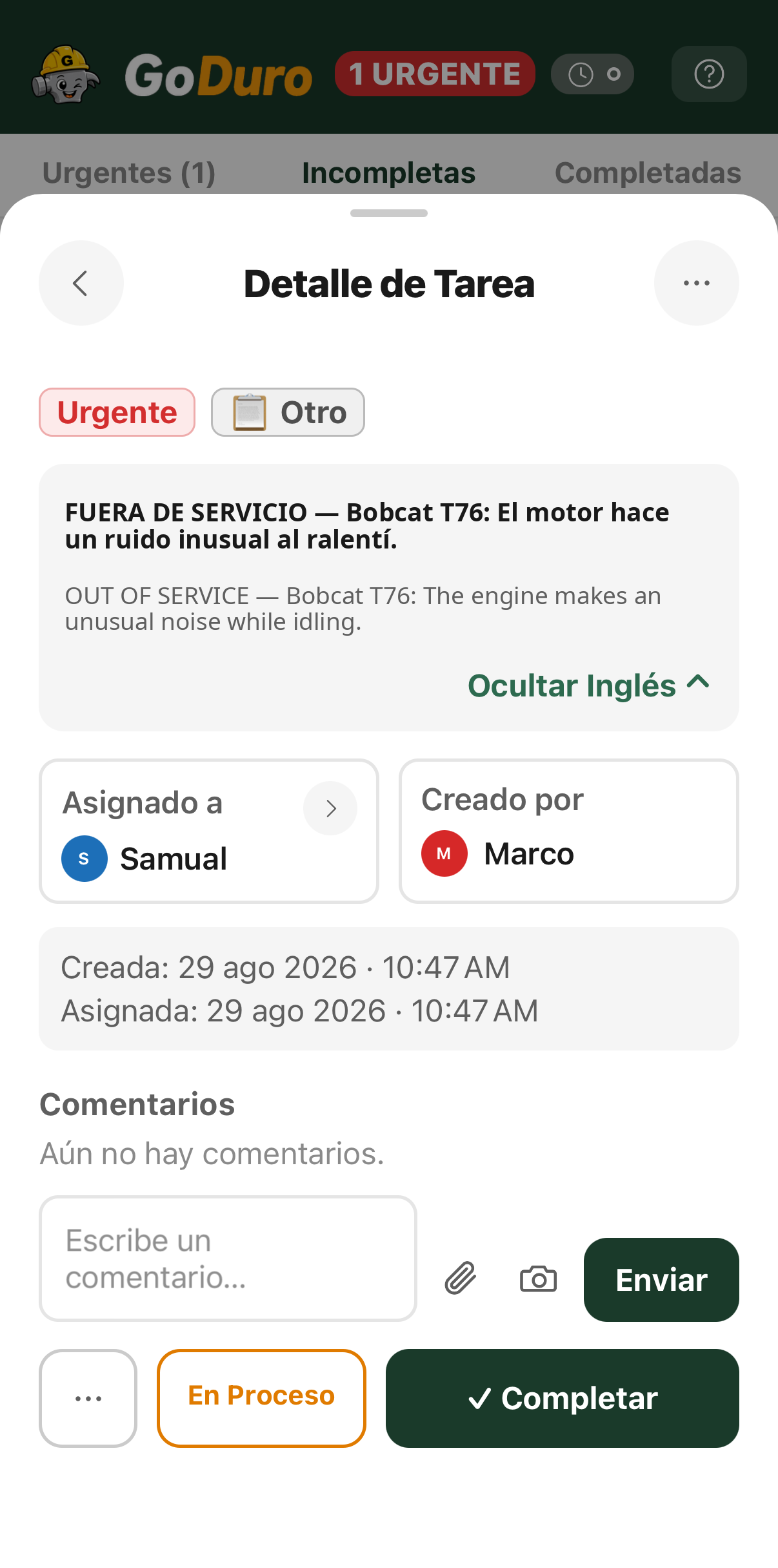 An urgent equipment task written in Spanish, with the English translation expanded underneath