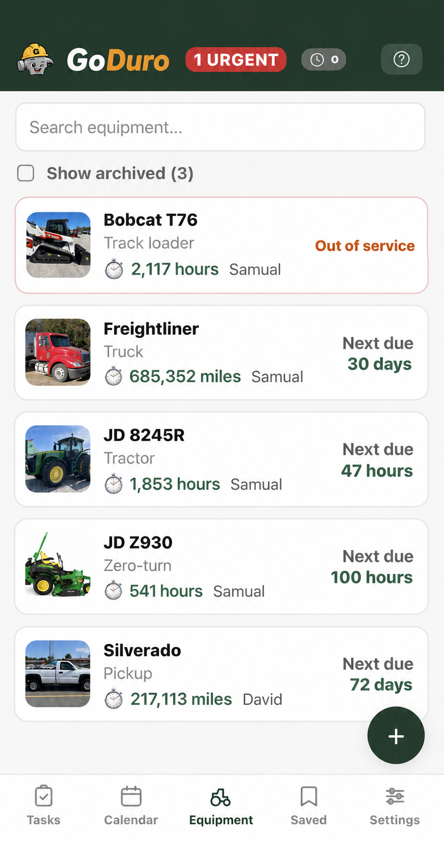 The equipment list with status and next service due
