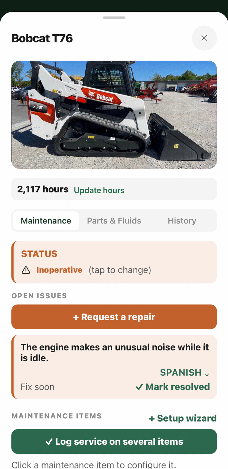 A machine marked out of service, with an open issue and its maintenance schedule