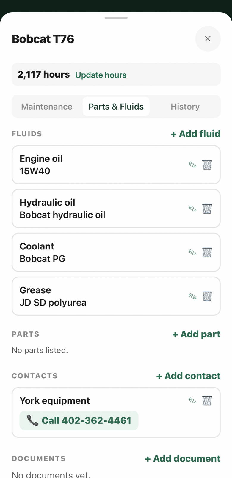 Parts, fluids, contacts and documents kept with the machine