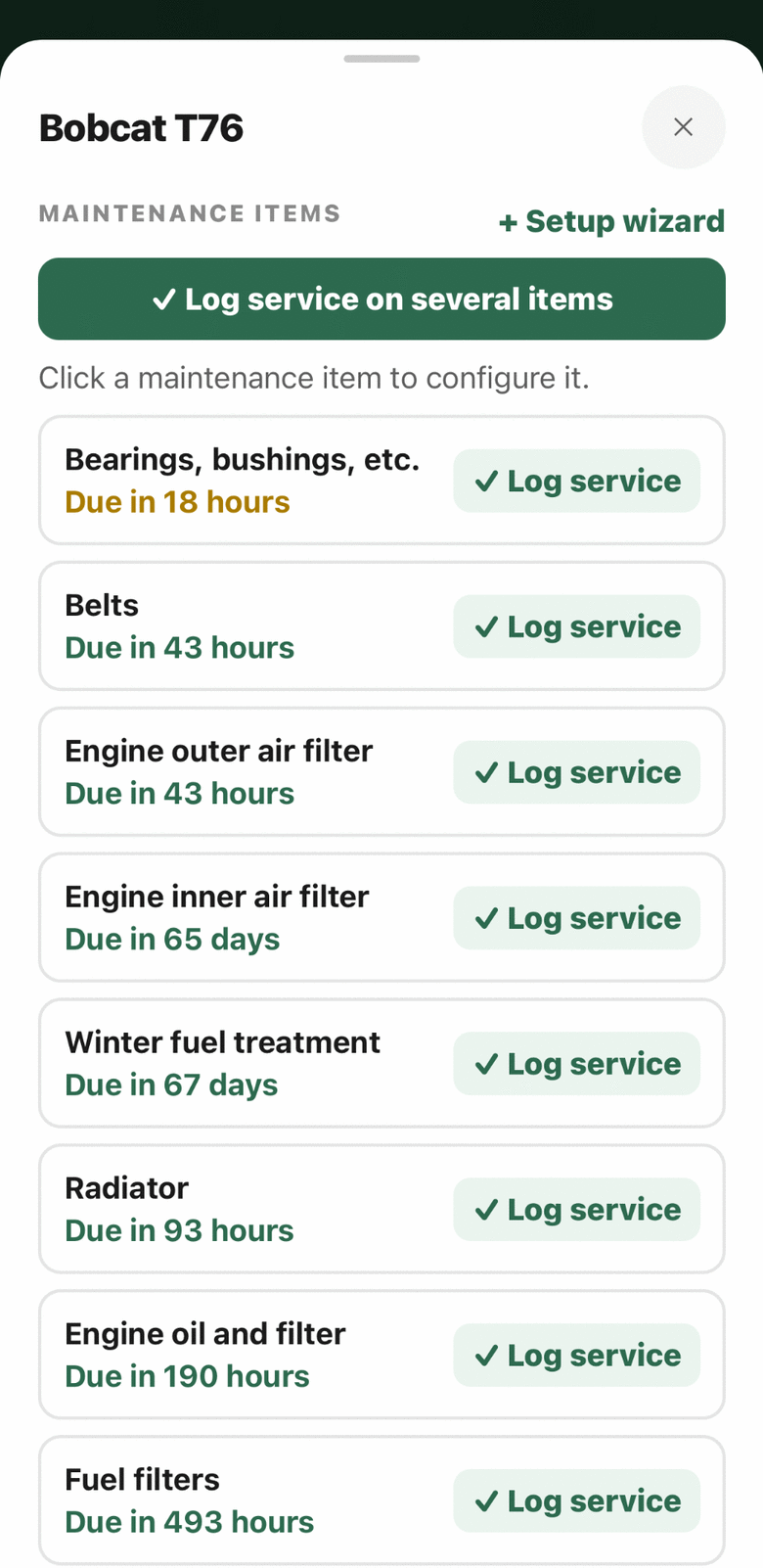 Maintenance items coming due by hours and by days