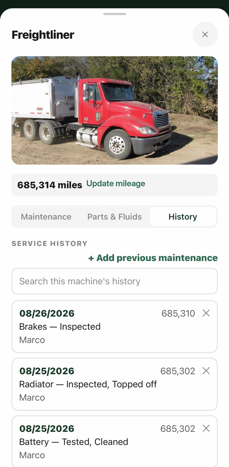 A truck's service history, with meter readings and who did the work