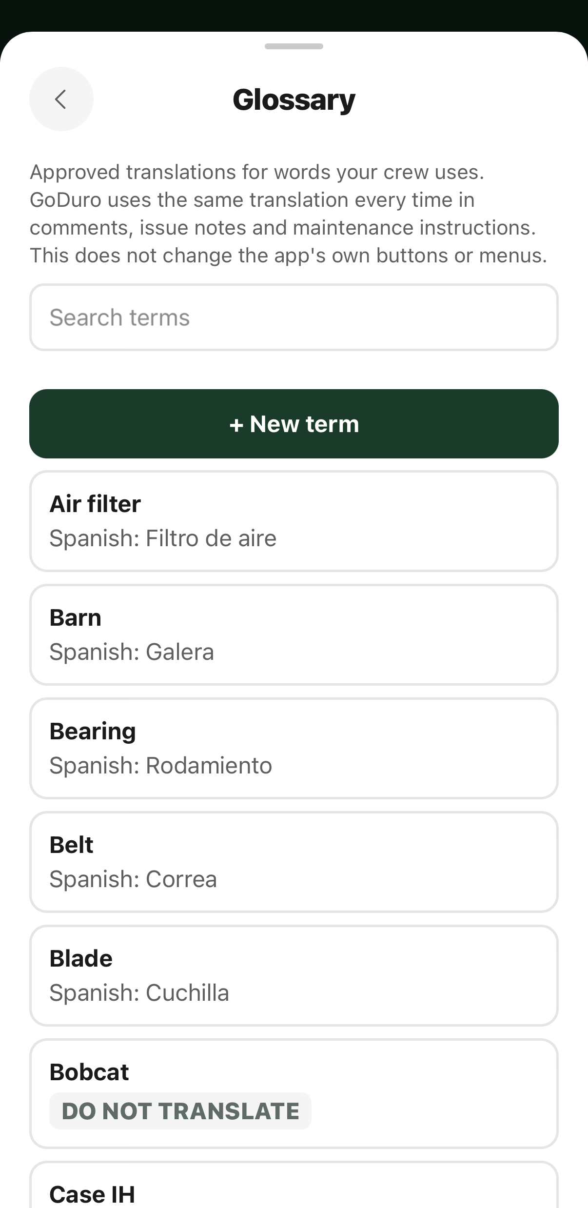 The glossary, showing controlled translations and do-not-translate terms