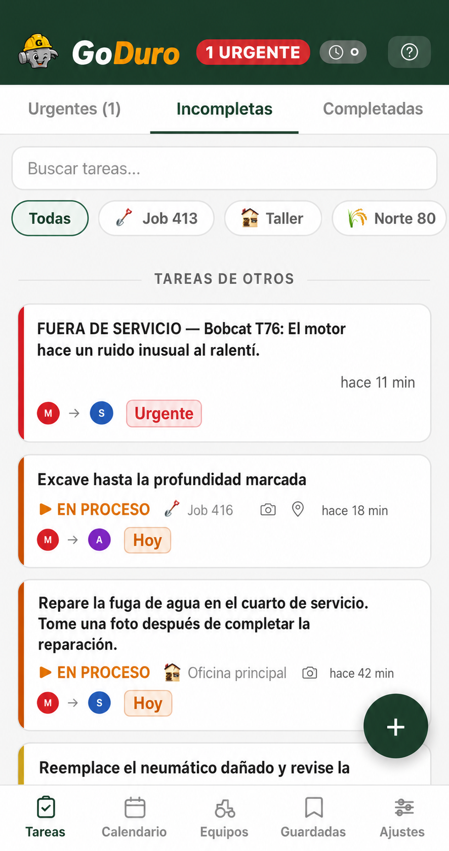 La lista de tareas de GoDuro con trabajo urgente, en proceso y terminado