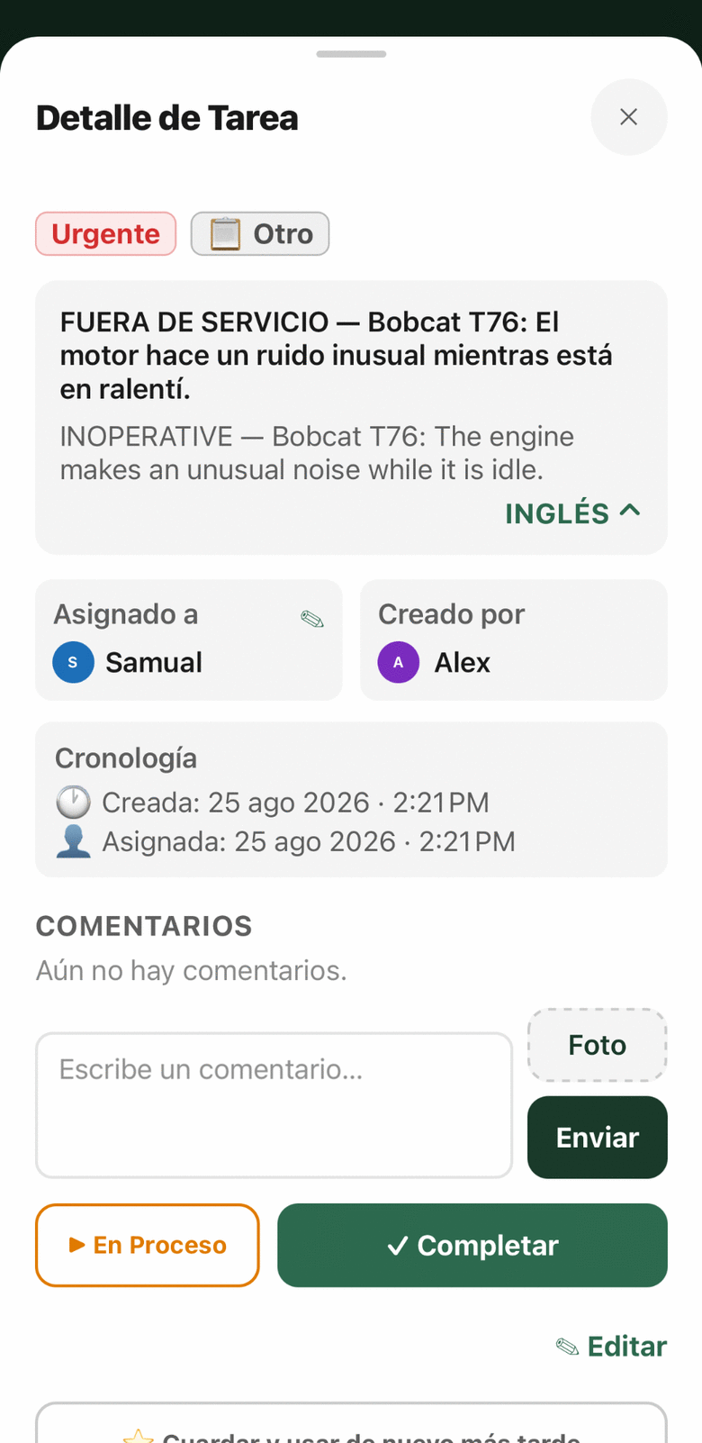 Una tarea urgente de equipo mostrada en español e inglés