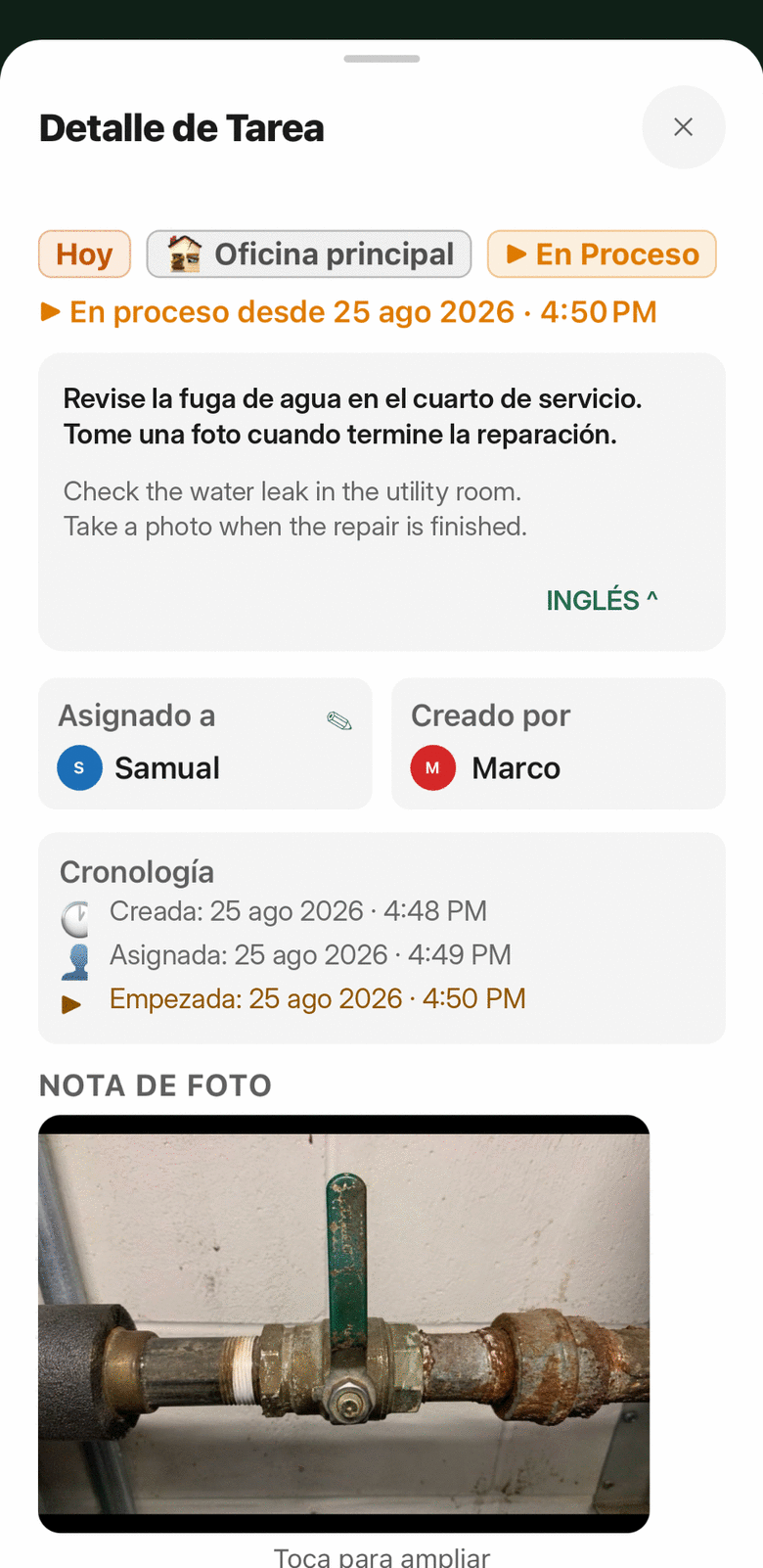 Una tarea con foto, ubicación y su historial completo