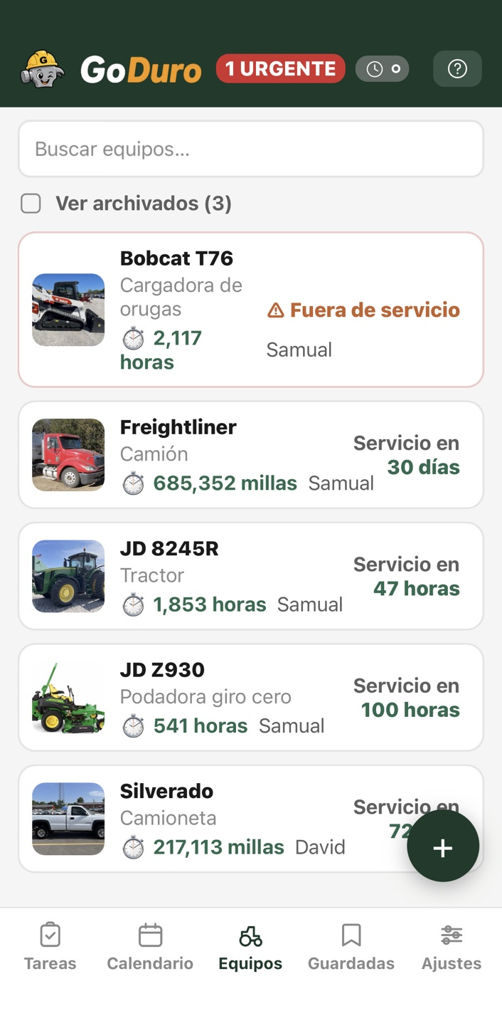 La lista de equipos con su estado y el próximo servicio