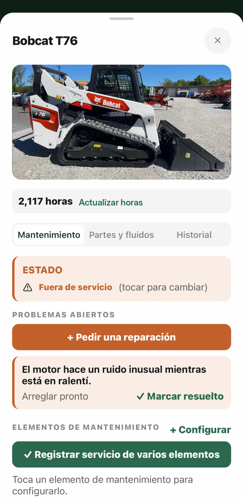 Una máquina fuera de servicio, con un problema abierto y su programa de mantenimiento