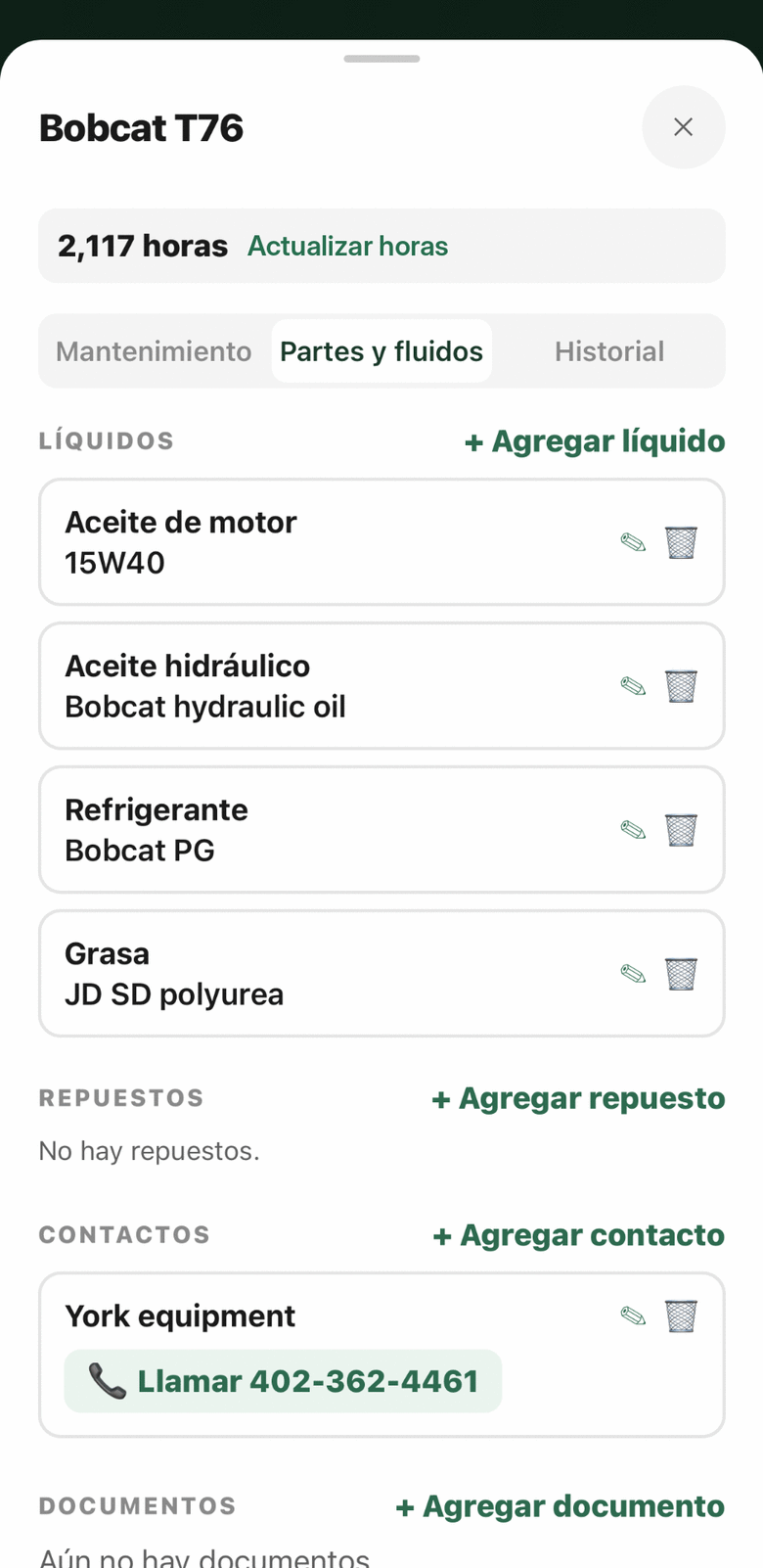 Repuestos, fluidos, contactos y documentos guardados con la máquina