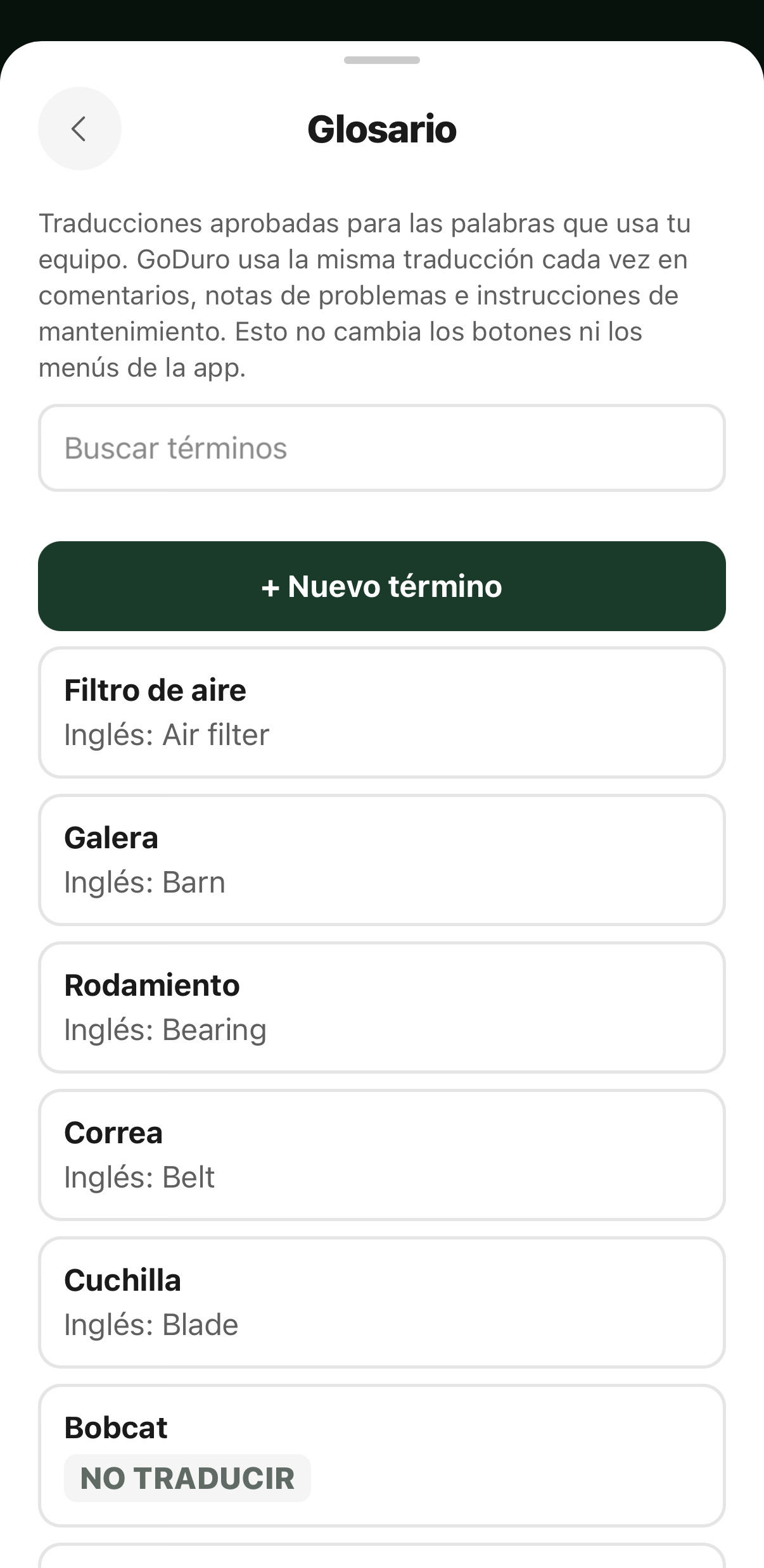El glosario, con traducciones controladas y términos que no se traducen